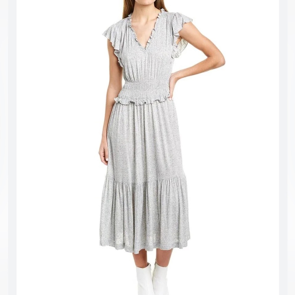 Rebecca Taylor Gray Rayon Flax Size Medium‎ Smocked Midi Dress Party Neutral
